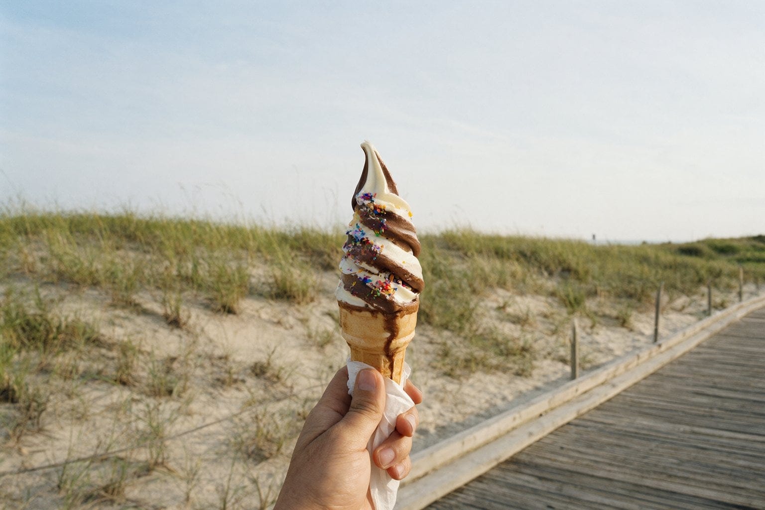 Illustration: a hand holding a chocolate and vanilla soft-serve cone with sprinkles beside dune grass