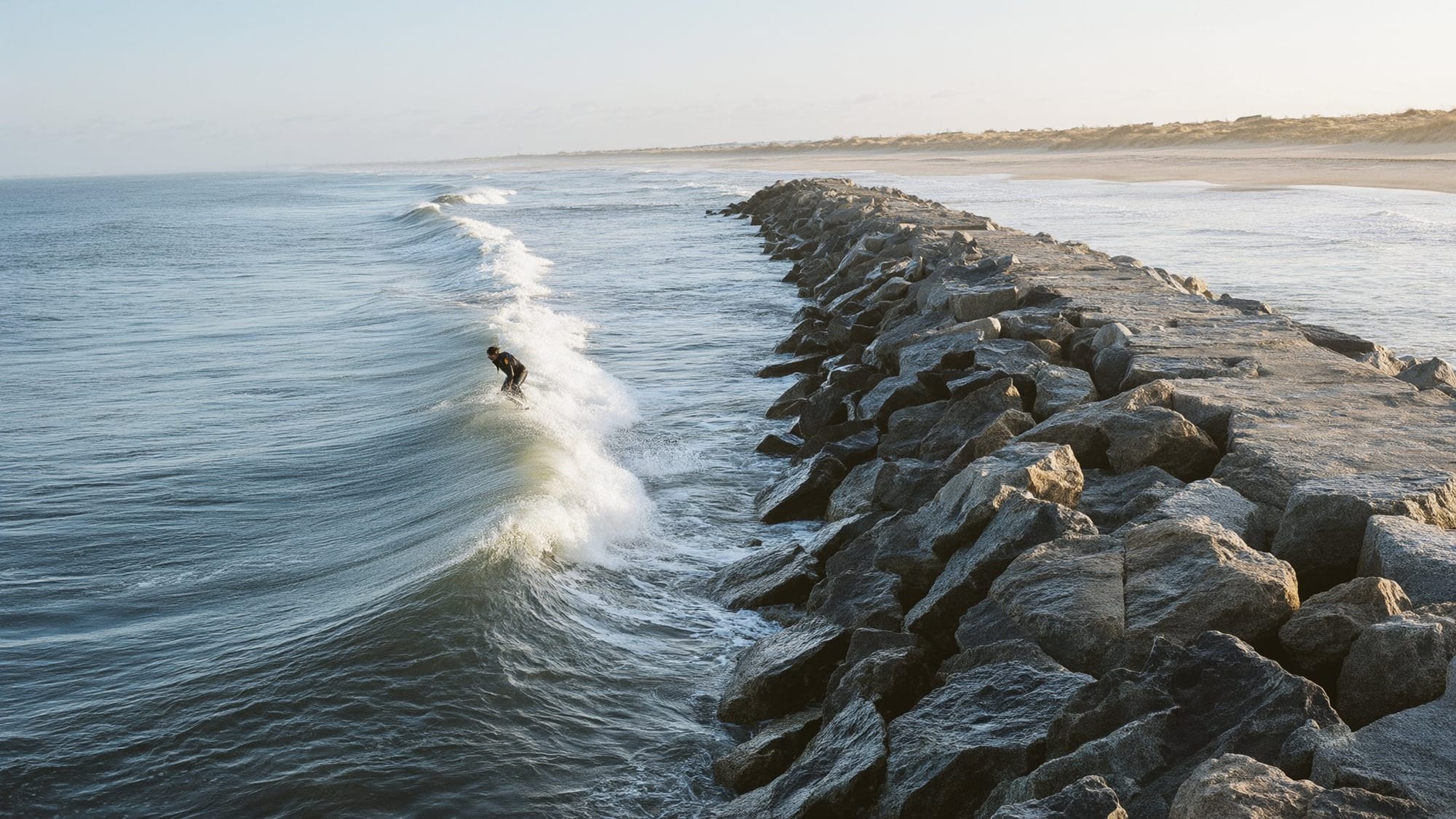 Illustration: a surfer riding a wave beside a granite rock jetty at sunrise