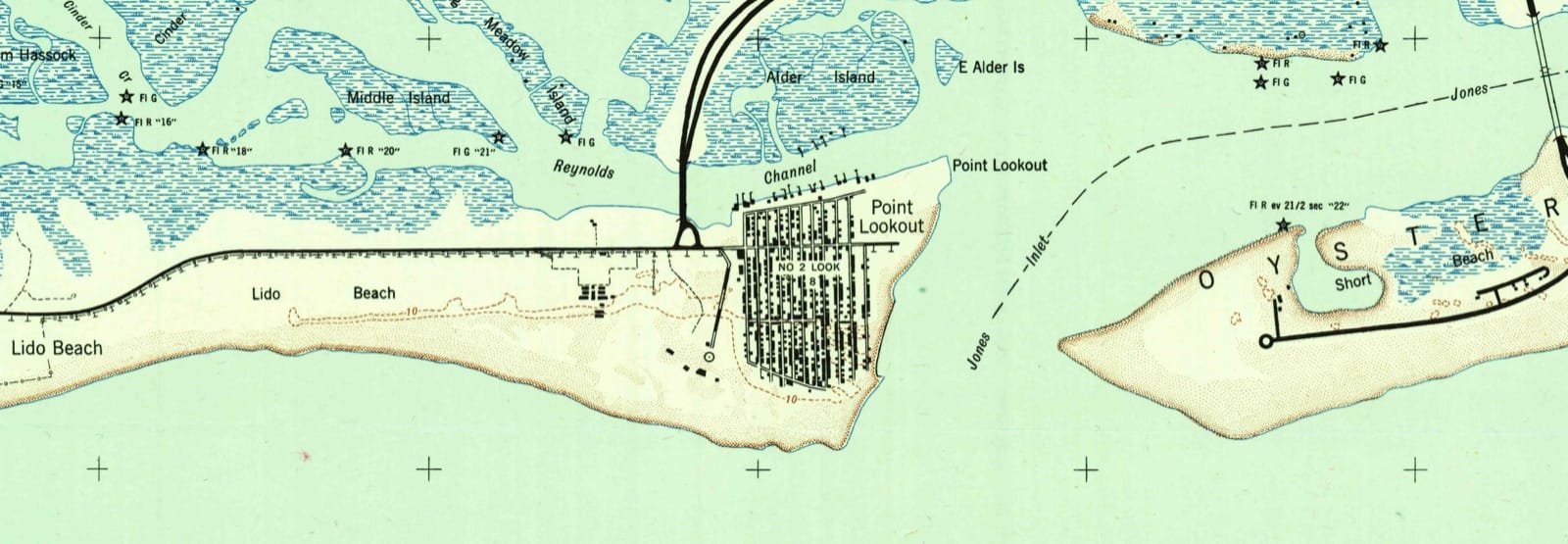 USGS Jones Inlet quadrangle, 1947 — the village built, the Loop Parkway in, no jetty at the inlet